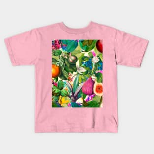 Vibrant tropical floral leaves and fruits floral illustration, pink green fruit pattern over a Kids T-Shirt